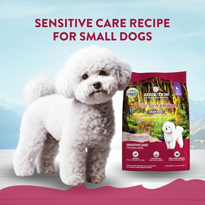 Addiction Viva La Venison All Life Stages Small Breed Grain-Free Premium Venison Dry Dog Food Crafted in New Zealand - 3.3 lbs. Grain-Free/Gluten-Free Kibbles for Small Dogs