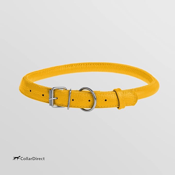 CollarDirect Rolled Leather Dog Collar, Soft Padded Round Puppy Collar, Handmade Genuine Leather Collar Dog Small Large Cat Collars 13 Colors (6-7 Inch, Yellow Textured)