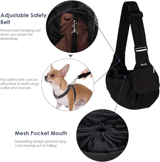 Lukovee Dog Sling Carrier, Hard Bottom Support & Adjustable Soft Padded Shoudler Strap Dog Slings for Small Dogs, Dog Purse with Drawstring Mesh Opening & Zipper Pockets for Puppy Cat Pet (Black)