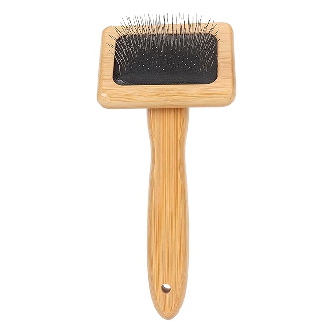 Macrame Slicker Comb with Hole Cushion Finely Polished Bamboo Cleaning Brush Sheepskin Wool Stainless Steel Pins Carding Rug Fur Brushes Long Prongs Pet (12x15.2x4.5cm /