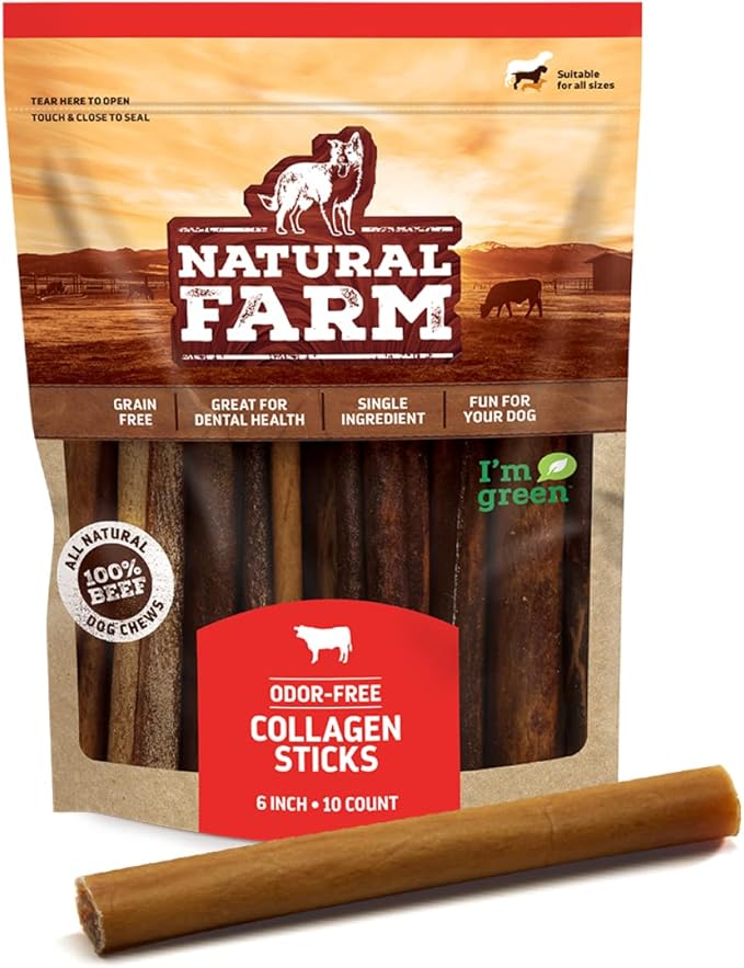 Natural Farm Collagen Dog Chews. 6 Inch, 10 Pack. Odor-Free Long Lasting Bully Sticks & Rawhide Alternative Dog Treats, 95% Collagen Low Fat, High Protein Best Dental Dog Treats โ Medium & Large Dogs