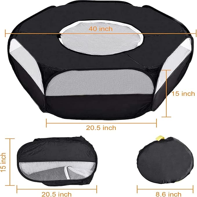 Small Animal Playpen,Portable Small Animal Cage Tent Breathable Pet Playpen Cage Tent Pop-Up Outdoor&Indoor Exercise Fence for Hamster Guinea Pig Rabbit Puppy Hedgehog (Black with Cover)