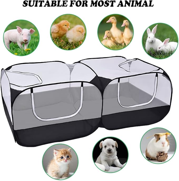 Small Animal Pet Playpen with Feeder Bowl and Storage Bag,Portable & Breathable Chicken Coop for Puppy Kitten Rabbits Indoor Outdoor(Black)