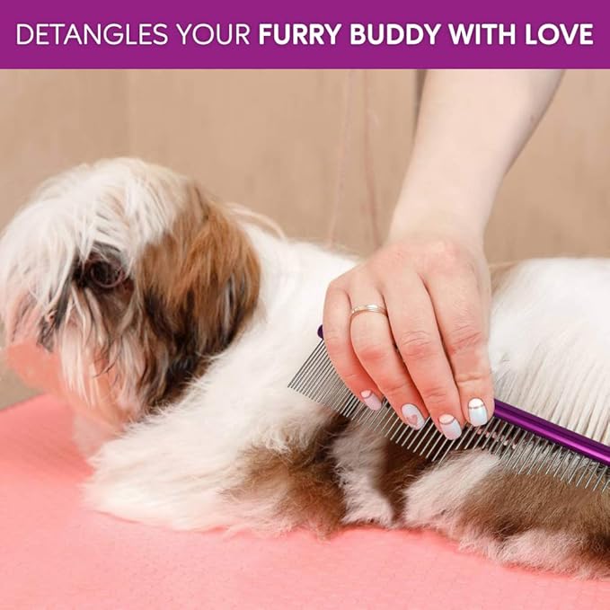 Pet Comb 10 inches Comfortable Grooming Comb with Different-Spaced Rounded Stainless Steel Teeth, Easy Grip and Convenient Grooming for Pets Dog Cat with Medium Coarse Fur - Purple