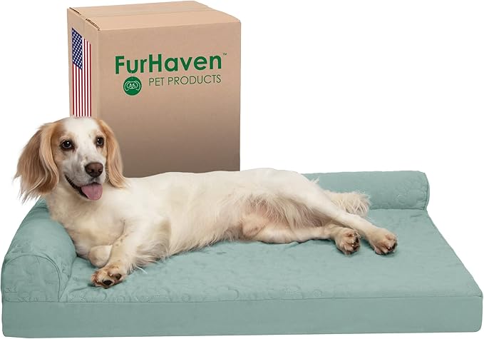 Furhaven Memory Foam Dog Bed for Large/Medium Dogs w/ Removable Bolsters & Washable Cover, For Dogs Up to 55 lbs - Pinsonic Quilted Paw L Shaped Chaise - Iceberg Green, Large