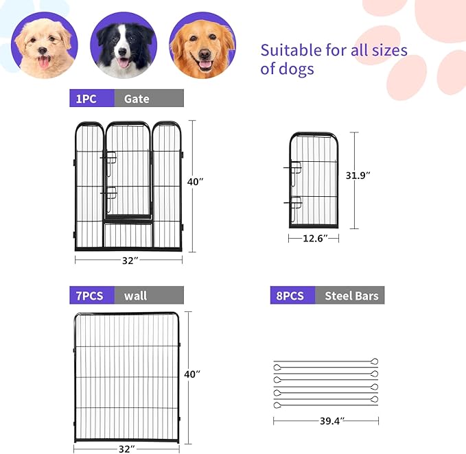 FDW Dog Playpen Dog Pen Dog Kennel 8 Panels 40 Inch Hight Indoor Outdoor Folding Metal Portable Puppy Exercise Pen Heavy Duty Dog Fence for Yard Camping,Black