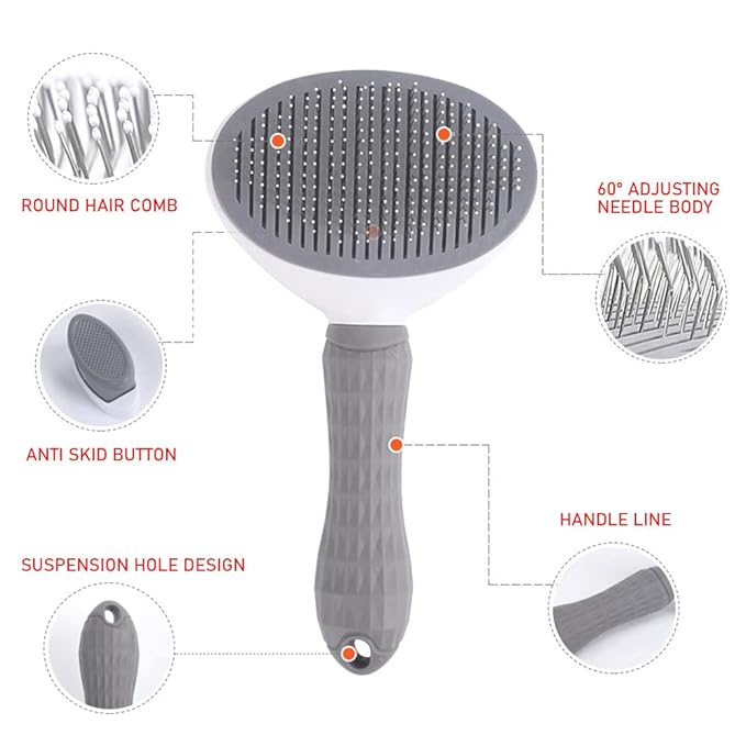 Self-Cleaning Slicker Brush Comb - Best Pet Cat Dog Grooming Long Short Hair - Shedding Loose Undercoat Tangled Haired Removes Tool - Gray