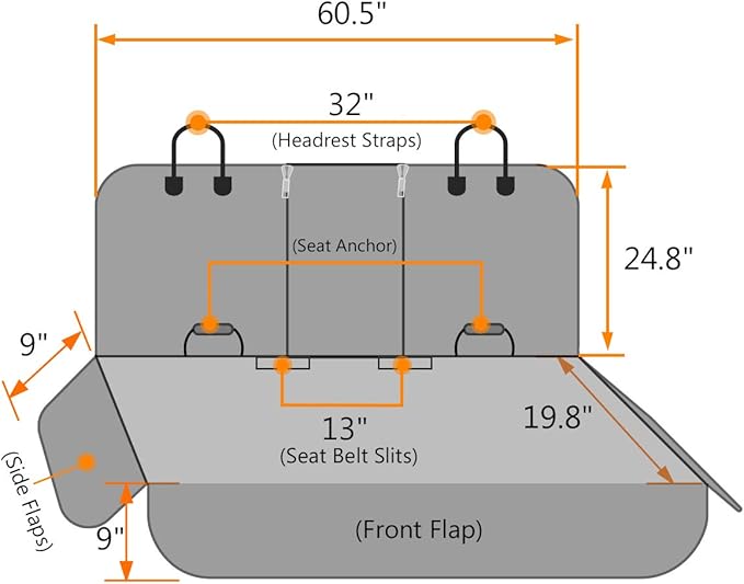 Honest Bench Dog Car Seat Covers with Side Flap,Dog seat Cover for Cars, Trucks, and Suv's - Waterproof & Nonslip Pet Seat Cover for Backseat(Gray 61" W x 51" L)