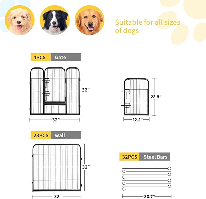 FDW Dog Playpen Dog Pen Dog Kennel 32 Panels 32 Inch Height Indoor Outdoor Folding Metal Portable Puppy Exercise Pen Heavy Duty Dog Fence for Yard Camping,Black