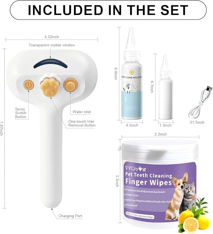 Pet Steam Brush for Dog & Cat – 3-in-1 Spray Hair Removal Comb – Steam Brush for Shedding & Grooming – Spritz Defur Comb – Includes Waterless Shampoo & Dental Wipes