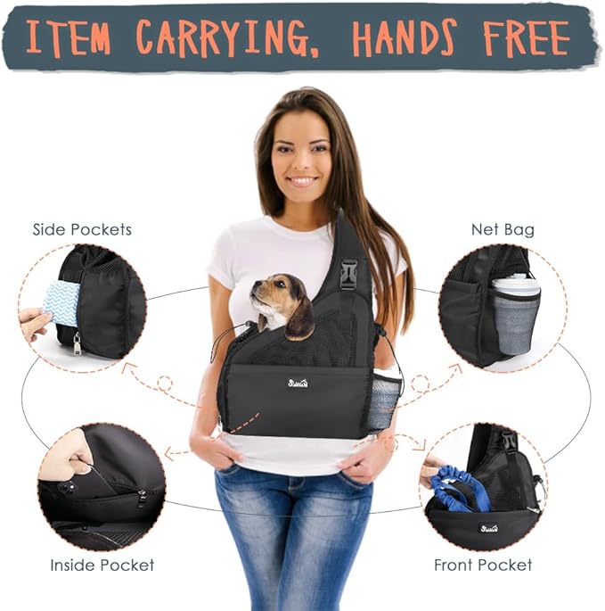 Lukovee Dog Slings for Small Dogs, Hard Bottom Support & Adjustable Soft Padded Shoudler Strap Dog Sling Carrier, Dog Purse with Button Closure & Zipper Pockets (for Short Leg Pets up to 6 lbs,Black)