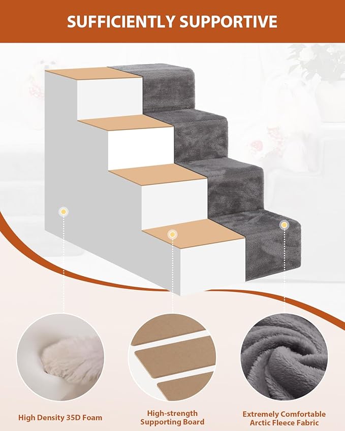 Dog Stairs for Small Dogs,13" 3-Step Pet Stairs for Couches,Dog Steps with Non-Slip Bottom and Removable Cover Indoor Outdoor,Grey
