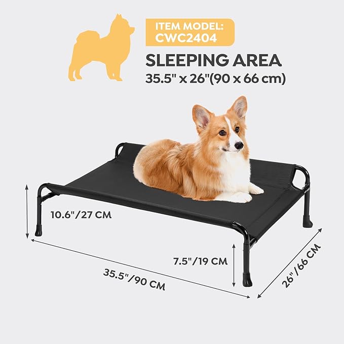 Veehoo Elevated Dog Bed, Cooling Raised Dog Bed with Guardrail & Headrest, Upgraded Non-Slip Silicon Feet, Breathable Teslin Mesh, Portable Pet Cot for Indoor and Outdoor, Medium, Black, CWC2404
