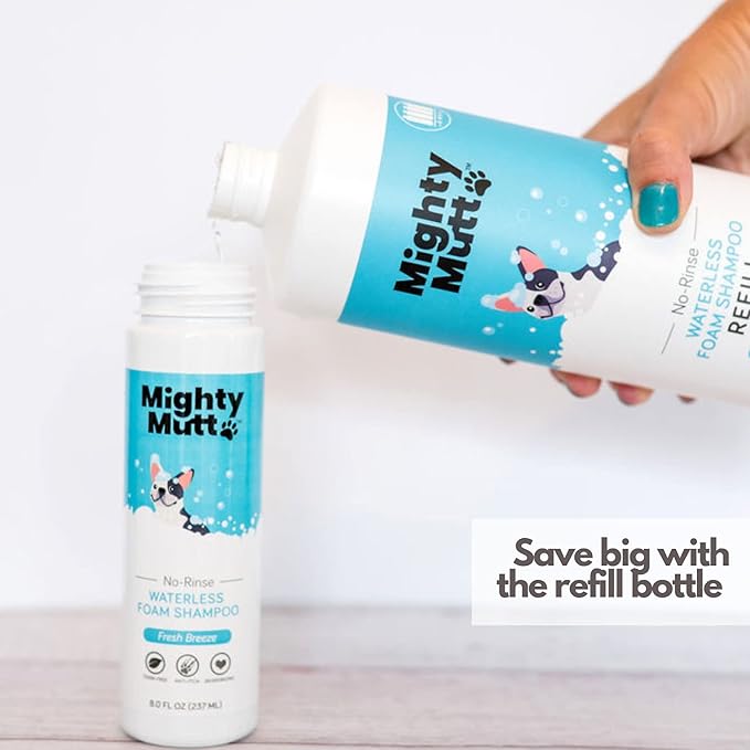 Mighty Mutt Waterless Dry Shampoo for Dogs (Fresh Breeze) + Refill | Hypoallergenic, De-Shedding and De-Tangling Deodorizing Foam Shampoo | 2 Pack Bundle