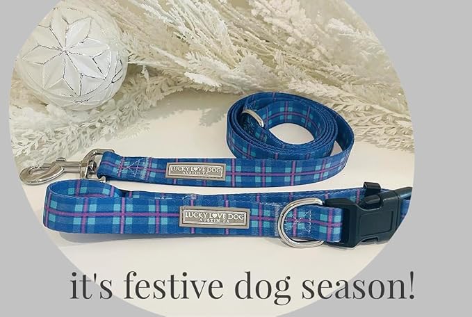 Lucky Love Dog, Blue and Violet Plaid Dog Collar and Leash Set, Adjustable & Comfy Combo Set for Boy and Girl Dogs - (Large, Scotty Combo)