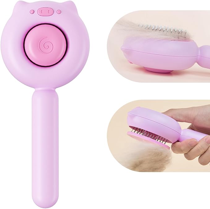 Piggy-Pink Hair Brush, Self Cleaning, Pet Grooming Brush for Shedding, Suitable for Short and Long Haired Cats Dogs and Other Fur Babies, Ergonomic Handle, Ideal Size (5.5 inches)