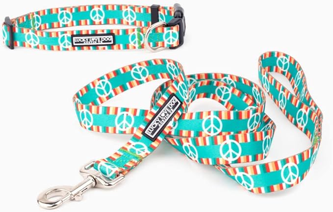 Lucky Love Dog Collar Combo Set, Matching Collar and Leash for Small Dogs, Peace Sign Dog Collar and Leash Set, Convenient & Reliable (Peace on Earth Combo, Small)