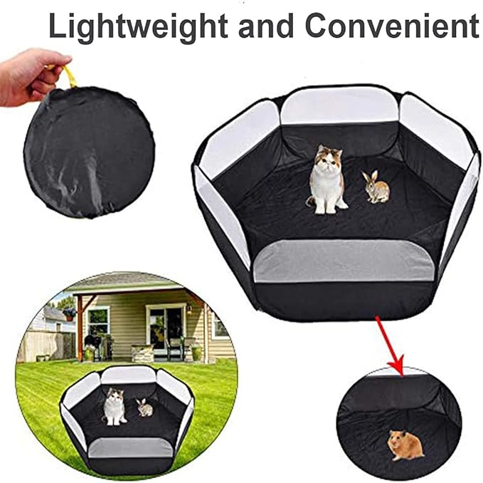 Small Animal Playpen,Portable Small Animal Cage Tent Breathable Pet Playpen Cage Tent Pop-Up Outdoor&Indoor Exercise Fence for Hamster Guinea Pig Rabbit Puppy Hedgehog (Black no Cover)