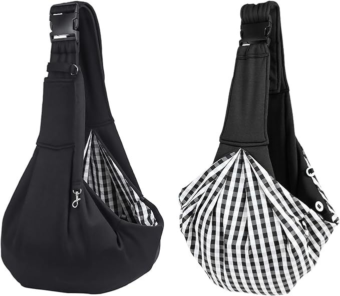 Kanemc Small Dog Sling Carrier Include Bottom Support, Puppies Cat Wrap Carrier Sling Adjustable Strap Zip Pocket, Hands Free Pets Pack for Outdoor Travel Vet (Black)