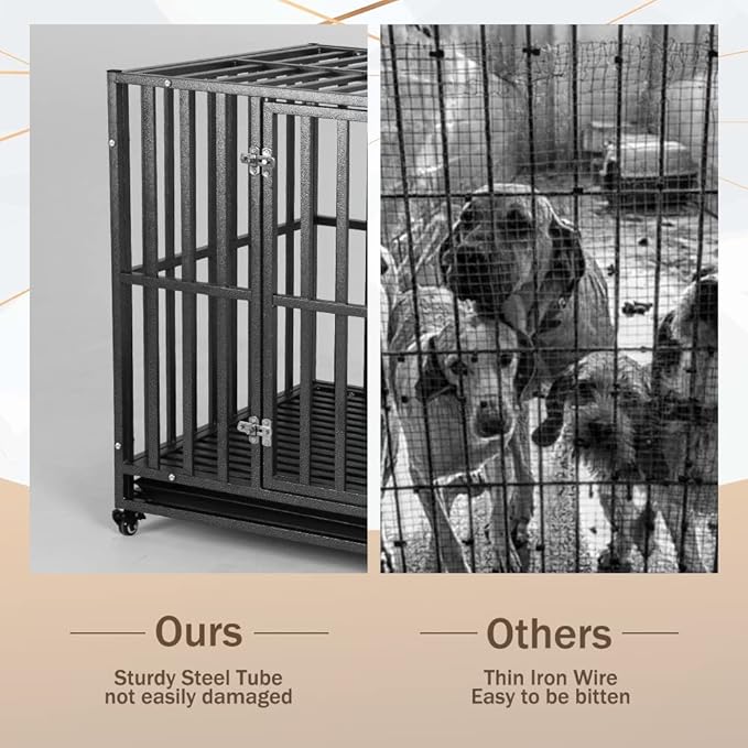 LUCKUP Heavy Duty Dog Crate-42 inch Large Metal Dog Cage with 2 Doors and 4 Wheels, Stackable Dog Kennel for Large & Medium Dogs, Removable Tray