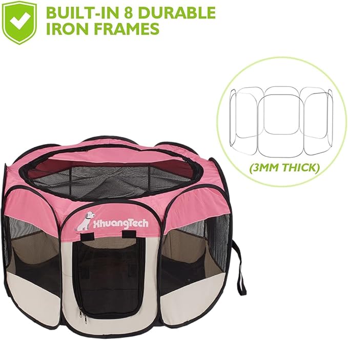 Foldable Pet Dog Playpen, Pop Up Portable Cat Playpen, Indoor/Outdoor for Kitten Puppy Play Pen, Cats Crate Cage Tent with Carrying Bag, 600D Oxford (Pink + Beige, Small (26"x26"x18"), 8)