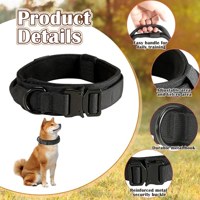 Tactical Dog Collar with Handle, Heavy Duty Military Dog Collar with Heavy Metal Buckle for Training, Adjustable Tactical Collars for for Medium and Large Dogs (L, Black)