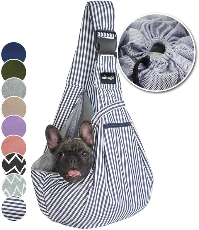 NATUYA Pet Dog Sling Carrier - Dog Sling with Net Bag for Carrier Dogs Cats-Hands Free Pet Bag-Buckle net Pocket pet Bag (Blue Strips)