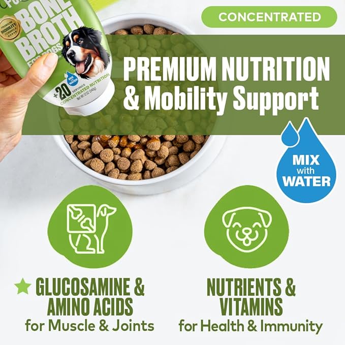 Mobility Support Beef Bone Broth for Dogs | Hip & Joint Support for Dogs | Glucosamine & Amino Acid Boosted | Human Grade Ingredients | Just add Water | Made in USA, 12 oz