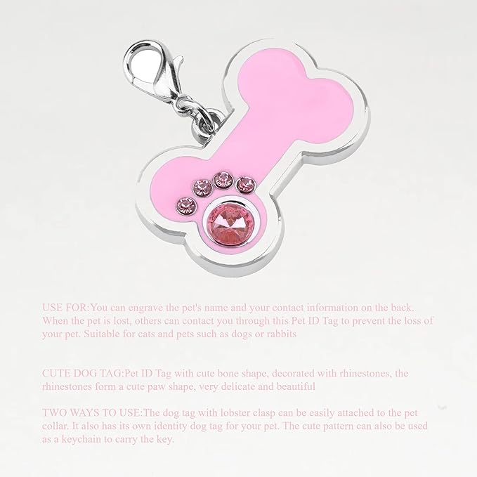 KUIDAMOS 4 Colors Cute Pet Zinc Alloy Tag, Bone Shape with Rhinestones Decor, Personalized for Dogs and Cats, Also as A Keychain()