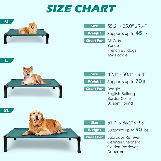 Cooling Elevated Dog Bed, Raised Dog Bed with Washable Breathable Mesh and Metal Frame, Portable Dog Cot Bed with No-Slip Feet for Outdoor and Indoor Use