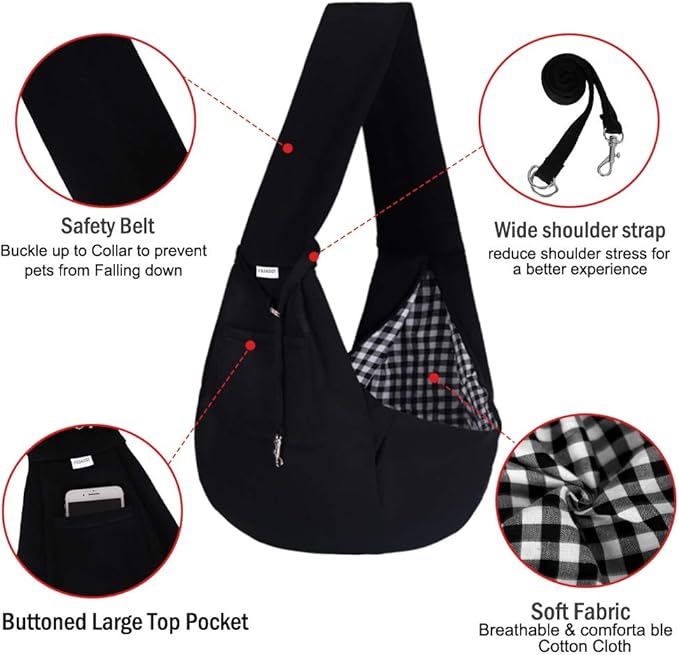 FDJASGY Small Pet Sling Carrier-Hands Free Reversible Pet Papoose Bag Tote Bag with a Pocket Safety Belt Dog Cat for Outdoor Travel Black