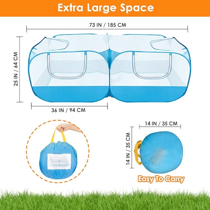 SlowTon Small Animals Playpen, Portable Large Chicken Run Coop with Breathable Transparent Mesh Walls Foldable Pet Cage Tent with 4 Zipper Doors for Puppy Rabbits Outdoor Yard (No Bottom)