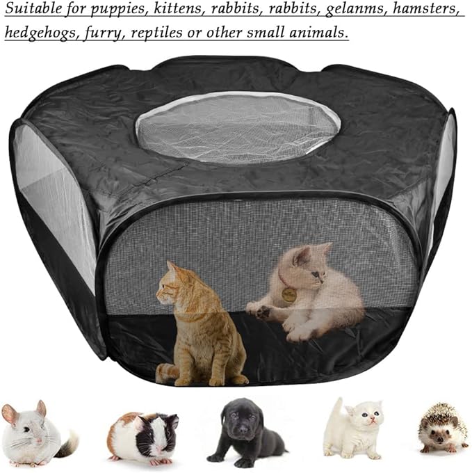 Small Animal Plaype Black, Breathable Pet Playpen Cage Tent Portable Fence Tent with Zippered Cover Pet Playpen for Puppy/Kitten/Rabbit/Hamster/Chinchillas/Guinea Pig Outdoor Indoor