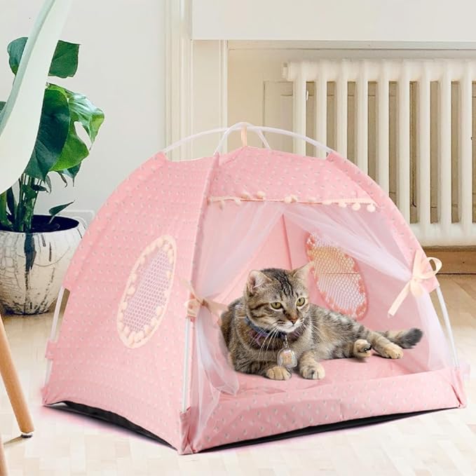 pawstrip Dog Tent Indoor Cat House Pink Puppy Bed Portable Pet Teepe Princess Dog Camping Tent Outdoor Kitten Houses Cute Bunny Nest Girl Kitty Cave (M, Light Pink)