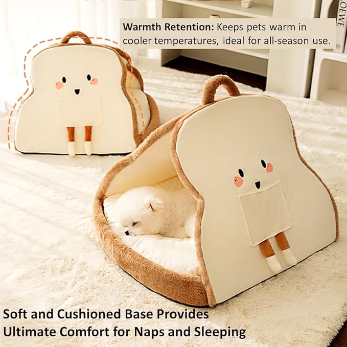 Portable Pet Cave for Puppy Kitten Cute Toast Design for Small Pets Cosy Cuddler (L: up to 11lbs)