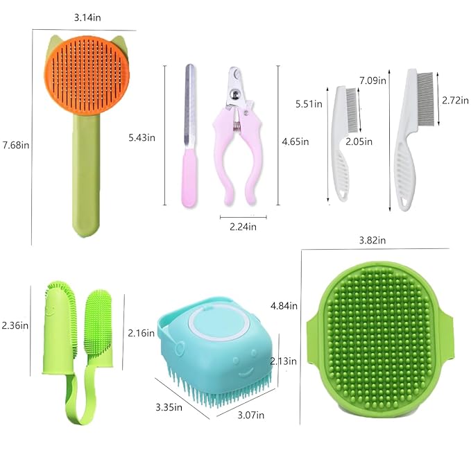 10PCS Cat&Dog Grooming Brush Kit,Self-Cleaning Grooming Brush Removes Loose Hair,Pet bath brush,Bath Massage Glove Brush, Nail Clipper, Flea Comb