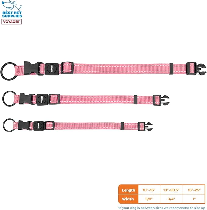 Best Pet Supplies Reflective Dog Collar with Adjustable Length, Heavy-Duty Buckle, and Strong Leash D-Ring, Training, Walking, Jogging Accessory for Small, Medium, and Large Breeds - Pink, L