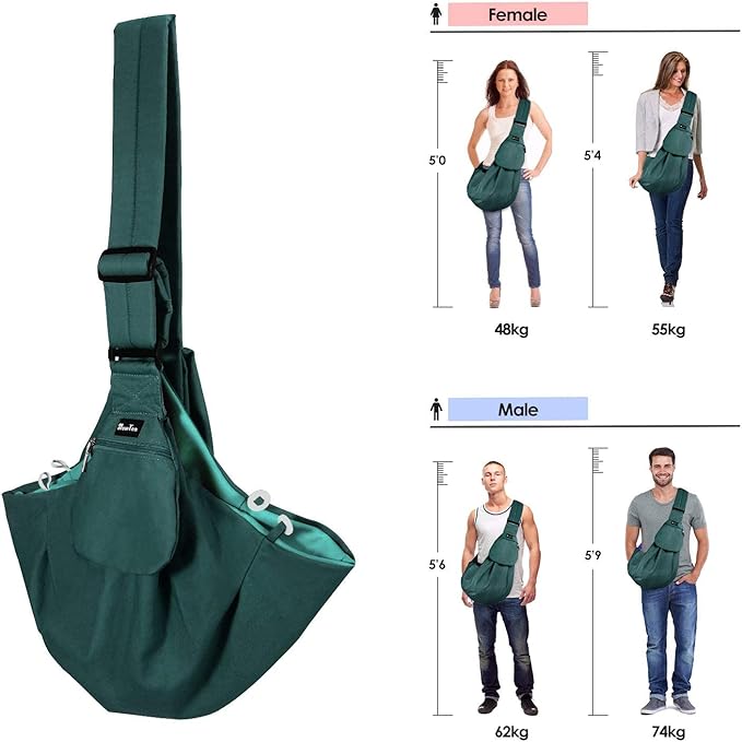 Lukovee Pet Sling, Hand Free Dog Sling Carrier Adjustable Padded Strap Tote Bag Breathable Cotton Shoulder Bag Front Pocket Safety Belt Carrying Small Dog Cat Puppy Machine Washable (Green, M)