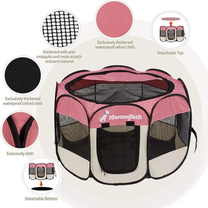 Foldable Pet Dog Playpen, Pop Up Portable Cat Playpen, Indoor/Outdoor for Kitten Puppy Play Pen, Cats Crate Cage Tent with Carrying Bag, 600D Oxford (Pink + Beige, Small (26"x26"x18"), 8)