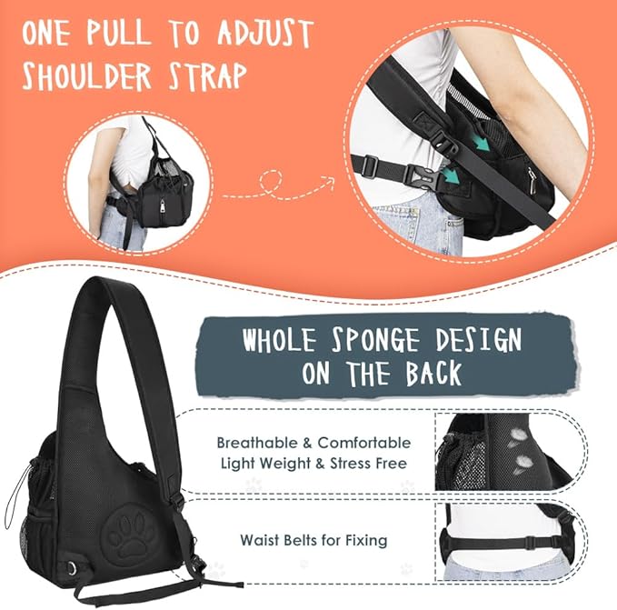 Lukovee Dog Slings for Small Dogs, Hard Bottom Support & Adjustable Soft Padded Shoudler Strap Dog Sling Carrier, Dog Purse with Button Closure & Zipper Pockets (for Short Leg Pets up to 6 lbs,Black)