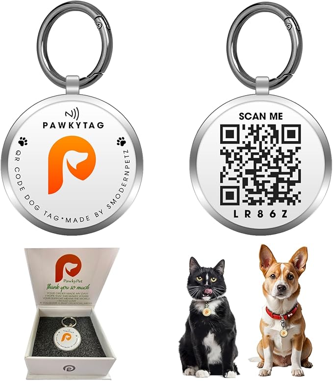 SMORDERNPETZ - Smart Dog Tag for Dogs and Cats - Durable Dog Name Tag - Waterproof QR Code Dog Tags for Pets with Anti-Lost Feature, Easy to Use - No Subscription Fees - Pack of 1 (White)