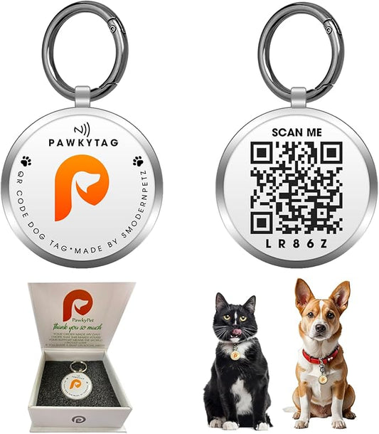 SMORDERNPETZ - Smart Dog Tag for Dogs and Cats - Durable Dog Name Tag - Waterproof QR Code Dog Tags for Pets with Anti-Lost Feature, Easy to Use - No Subscription Fees - Pack of 1 (White)