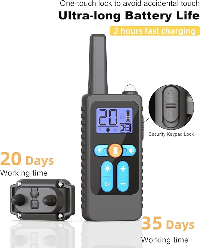 Dog Shock Collar ,3300Ft Dog Training Collar with Remote, IPX7 Waterproof Rechargeable Collar,Light, Beep, Vibration, Safe Shock for 8-120lbs Small Medium Large Dogs