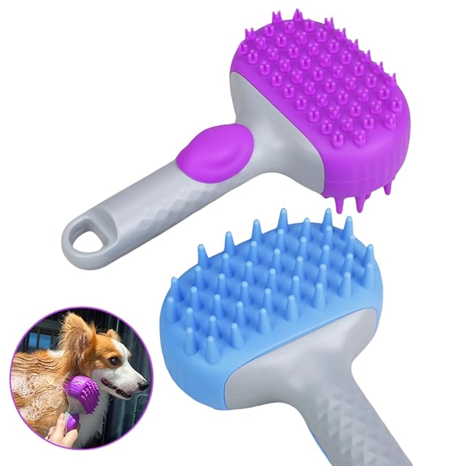 QMEAKMONY Dog Bath Brush Shampoo Brush Scrubber for Bath with Soap Dispenser Soft Bristles Deep Cleaning Ergonomic Handle for Grooming Shedding and Long Short Haired Dogs (Blue Purple)