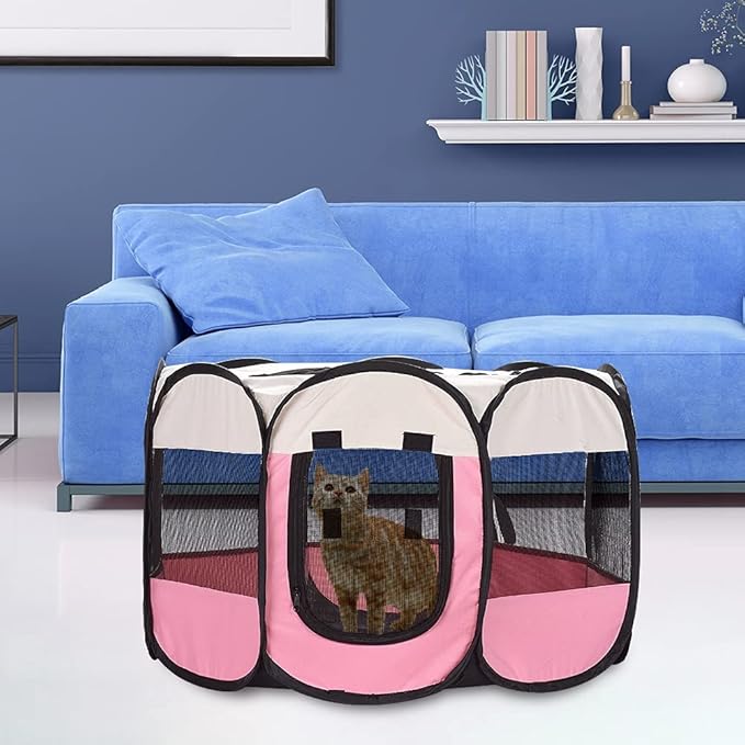 XianghuangTechnologyPet Portable Foldable Playpen, Dog/Cat/Puppy Exercise Pen Kennel, Removable Mesh Shade Cover (Pink)