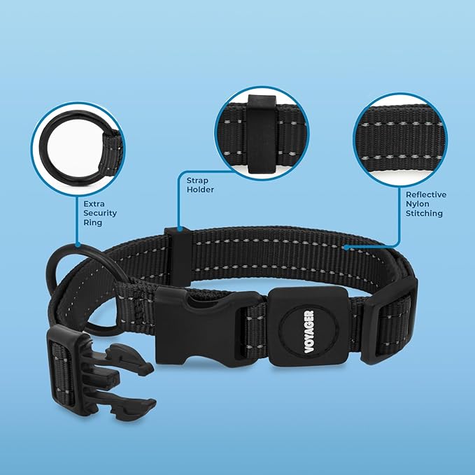 Voyager Reflective Dog Leash Collar Set with Neoprene Handle Supports Small, Medium, and Large Breed Puppies, Cute and Heavy Duty for Walking, Running, and Training - Black, S