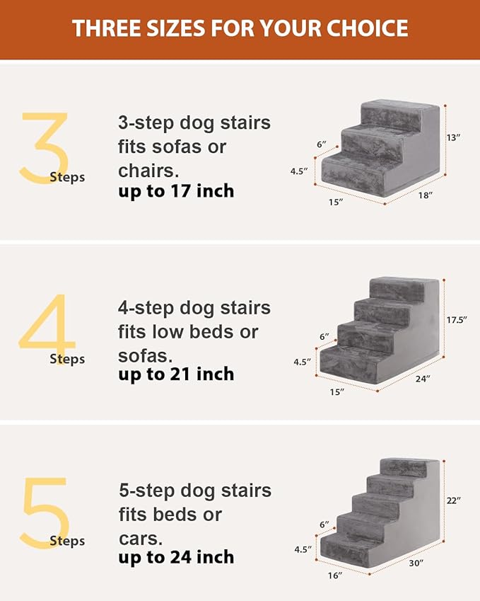 Dog Stairs for Small Dogs,13" 3-Step Pet Stairs for Couches,Dog Steps with Non-Slip Bottom and Removable Cover Indoor Outdoor,Grey