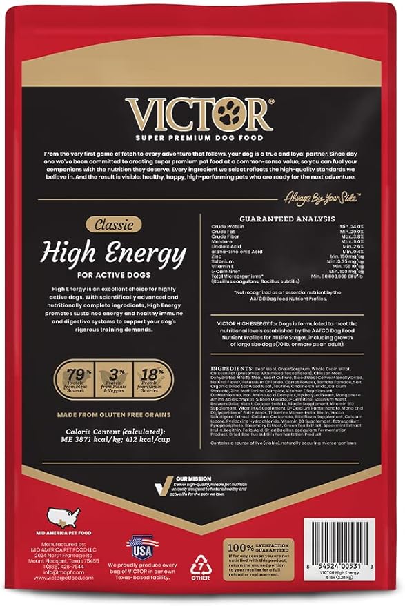 VICTOR Super Premium Dog Food – High Energy Dry Dog Food for Active Dogs – Gluten Free Dog Food with Beef and Chicken Meal Proteins for Sporting Dogs – All Breeds and All Life Stages, 5 lb