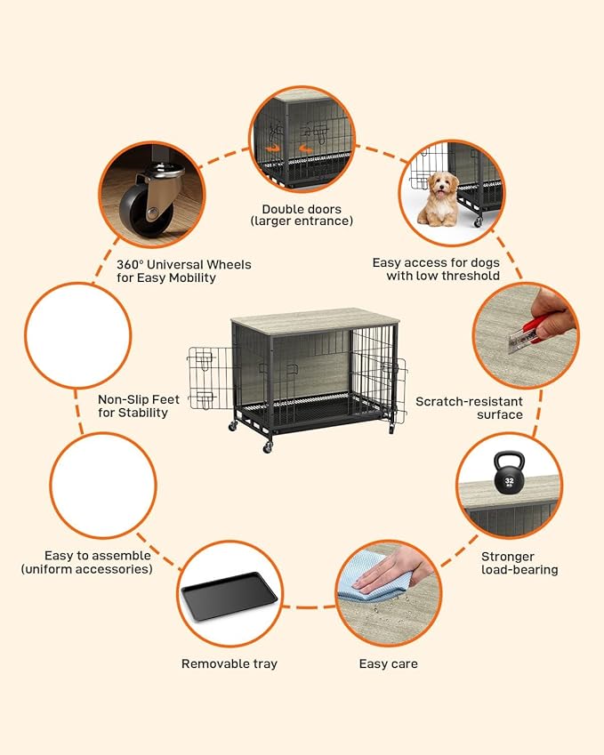 Dog Crate Furniture, Large Dog Kennel with Dual Doors, Removable Tray & 360° Wheels, Indoor Homefor Medium Dogs (Grey & Black, Medium)