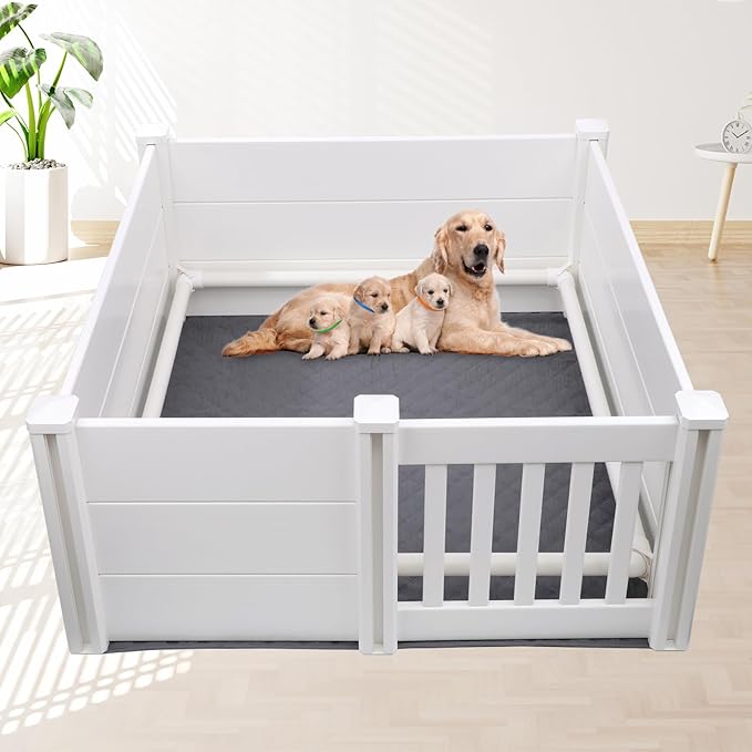 Whelping Box for Dogs and Puppies with Pig Rails and Waterproof Whelping Pad, 60×60×24in Puppies Playpen with Adjustable Height Door ID Collars for Medium Small Dogs